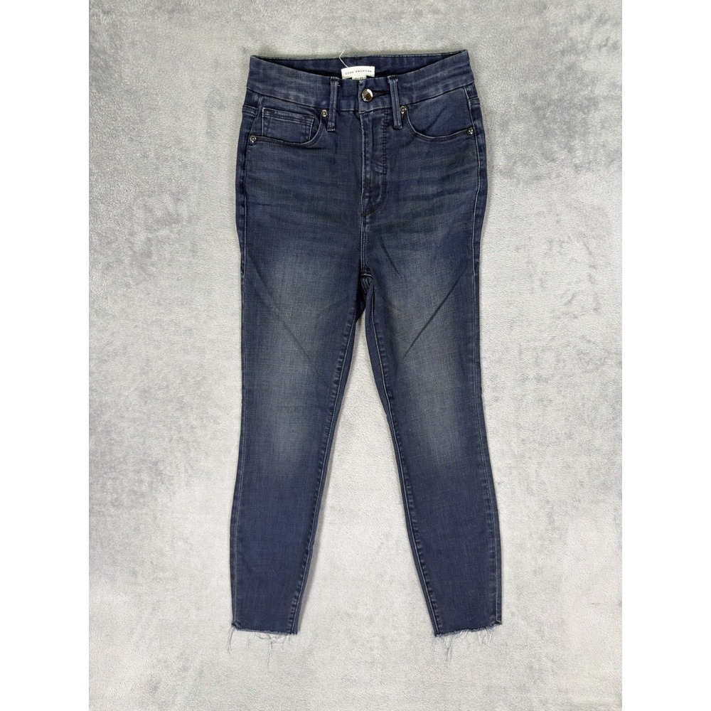 Good American Jeans Womens 0/25 Blue Dark‎ Wash High Rise Skinny Crop Raw Hem